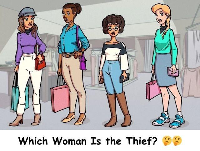 Four women are standing in a store with shopping bags—one of them might be the thief. Can you figure out who?